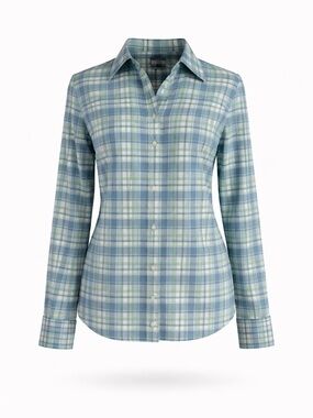 L.L. Bean Light Blue & Green Plaid Button-Up Thin Flannel Shirt Sz XXS